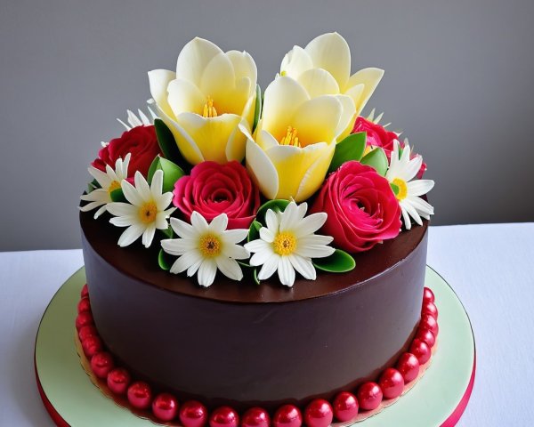 Decorative Chocolate Cake with Floral Arrangement