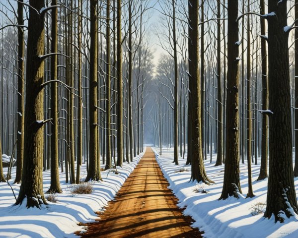 Hyperrealistic painting of a snowy forest road