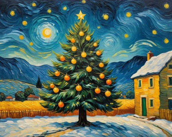 Vibrant Christmas Tree in Snowy Landscape at Night