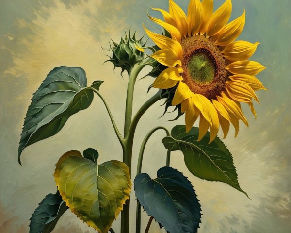 Vibrant Sunflower with Golden Petals and Green Leaves