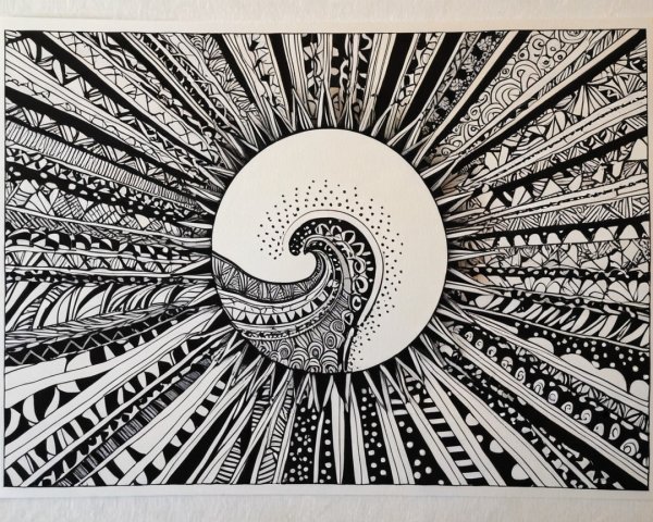 Black-and-white illustration of wave and sun design