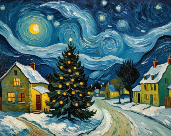 Christmas Village Scene in Starry Night Style