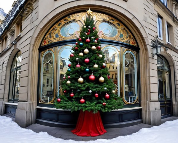 Christmas Tree Decorated with Red and Gold Ornaments