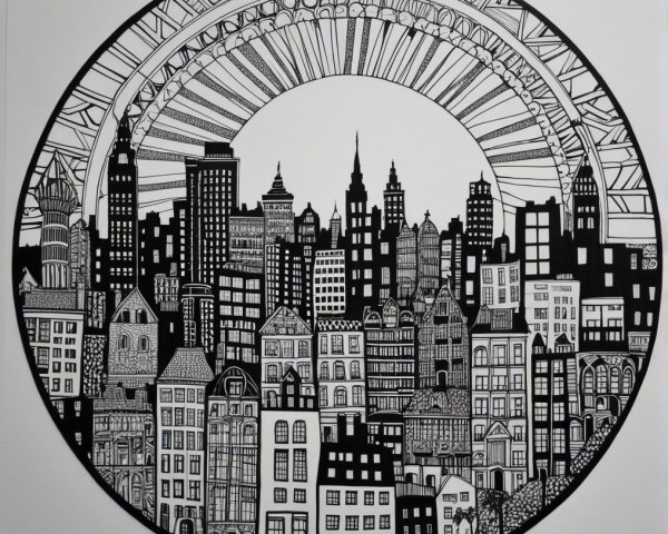 Intricate Black-and-White City Skyline Paper Cut Design