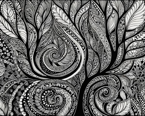 Intricate Black and White Drawing of a Stylized Tree