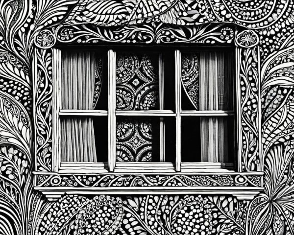 Intricate Wall Mural Surrounding Four-Pane Window