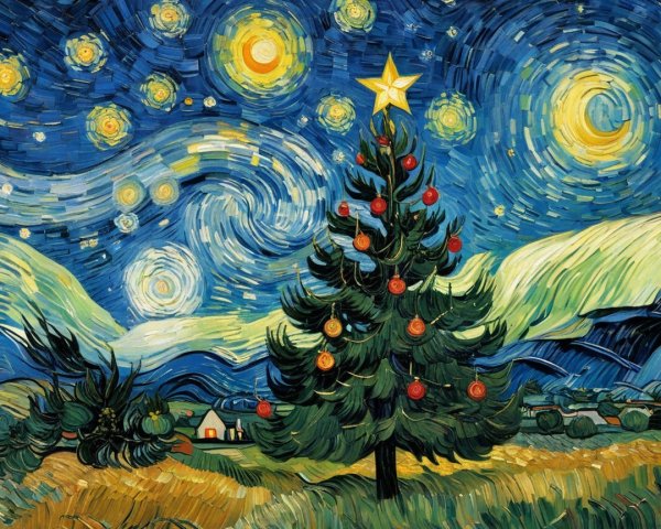Christmas Tree Under a Starry Night Sky Painting