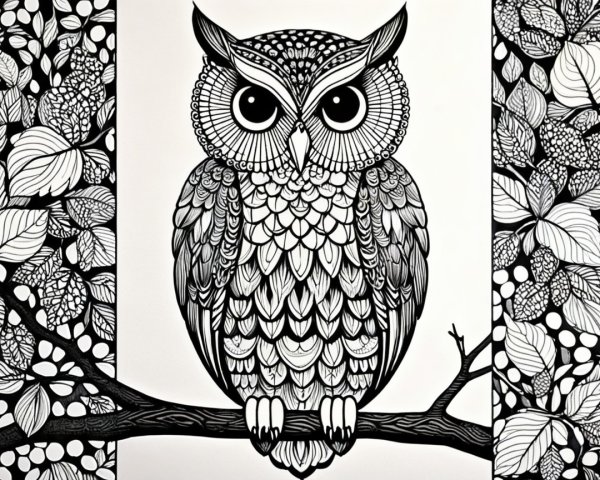 Detailed Black and White Illustration of an Owl