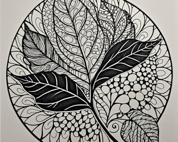Intricate Black-and-White Leaf Illustration in Circle