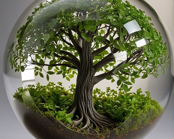 Miniature Tree in Glass Sphere with Lush Ecosystem