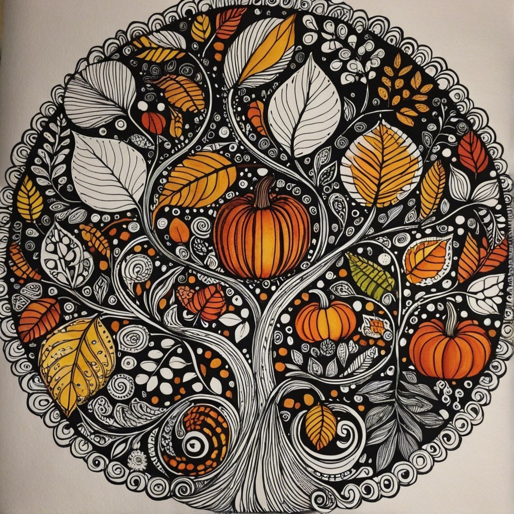 Detailed Illustration of a Circular Autumn Tree