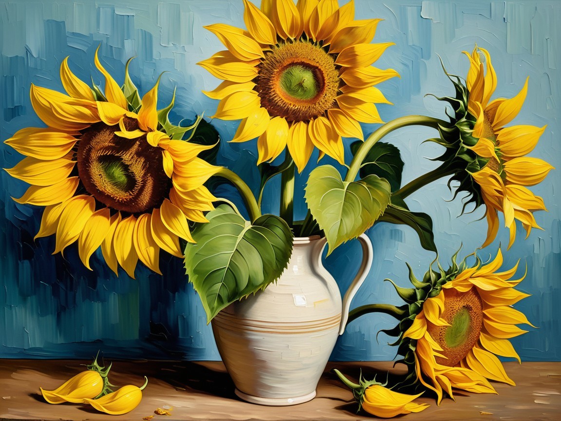 Vibrant Still Life of Sunflowers in a White Vase