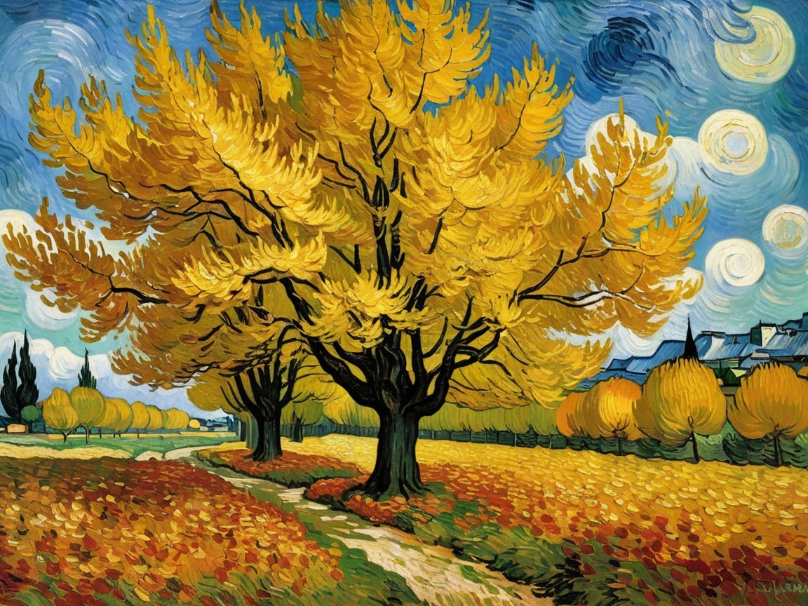 Vibrant Painting of Golden Trees and Blue Sky
