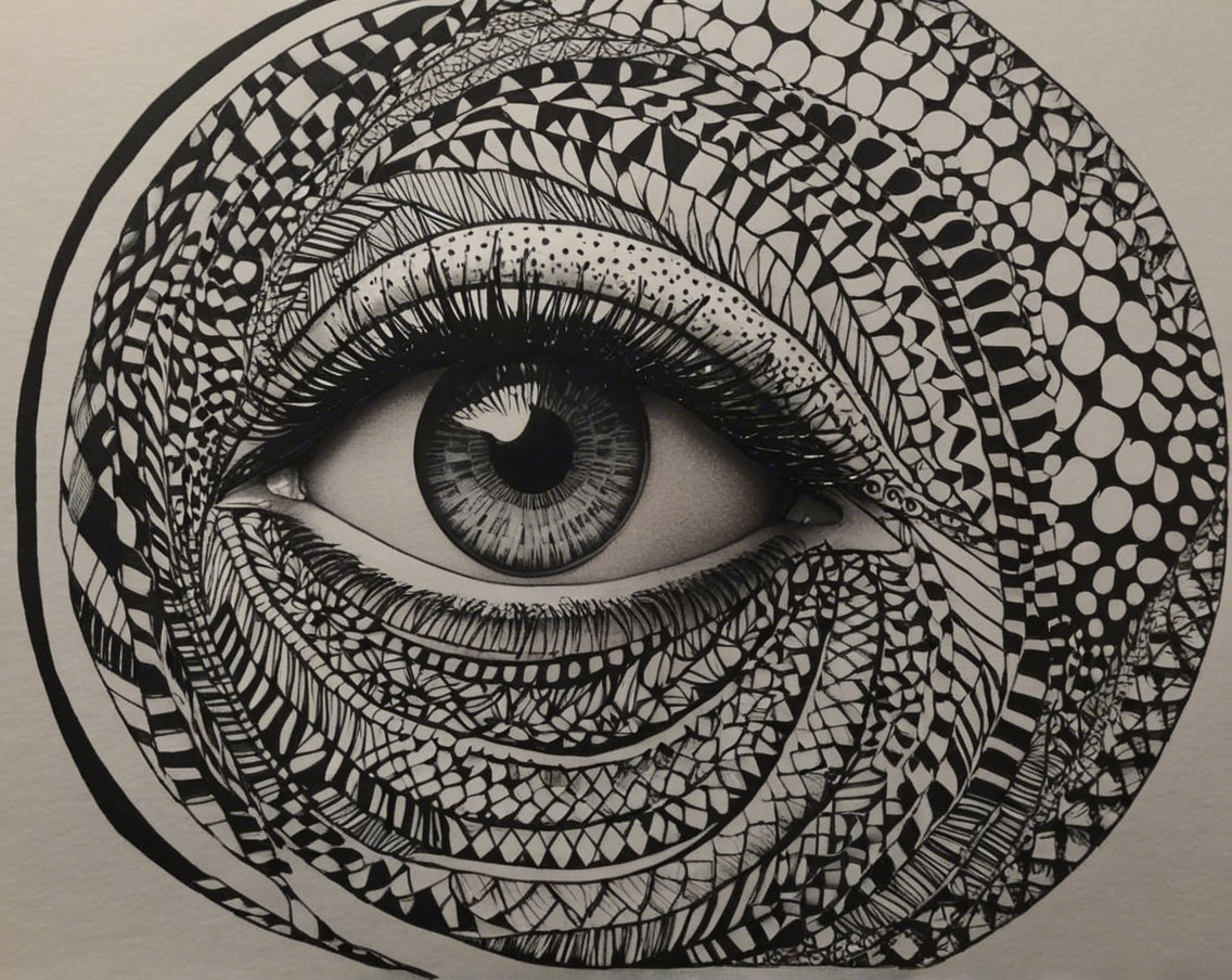 Black and White Illustration of an Eye with Patterns