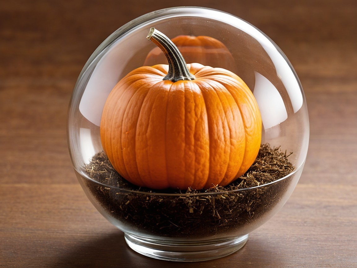 Vibrant Pumpkin Under Glass Dome with Dark Soil
