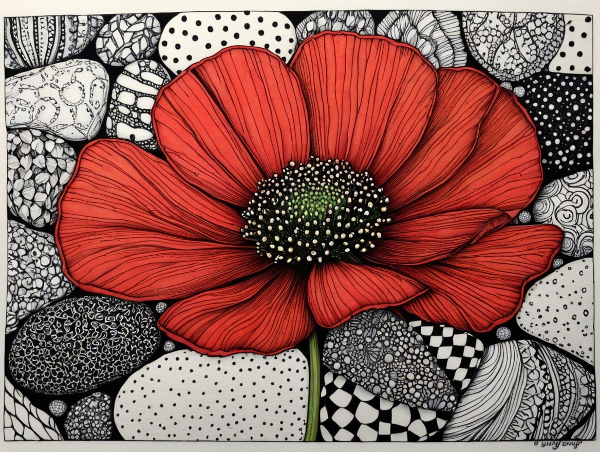 Vibrant Red Flower Against Patterned Stone Background