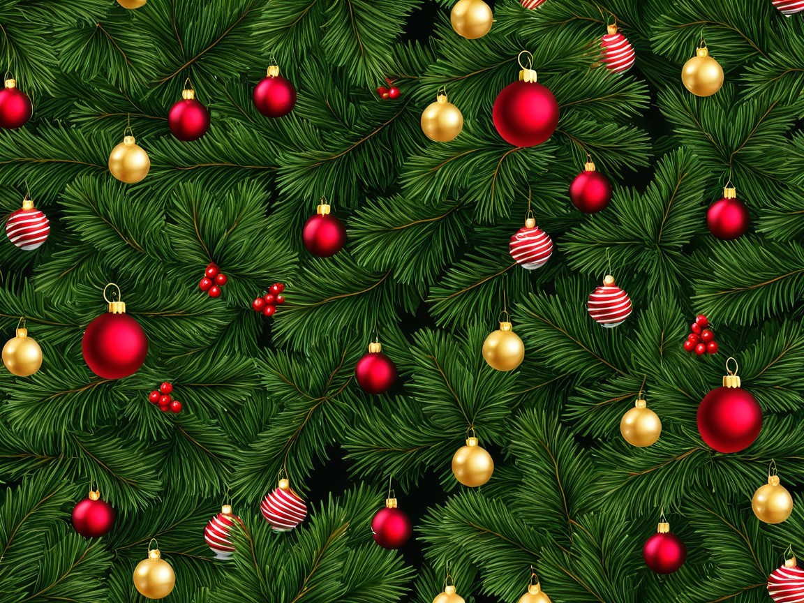 Evergreen Pine Branches with Holiday Ornaments