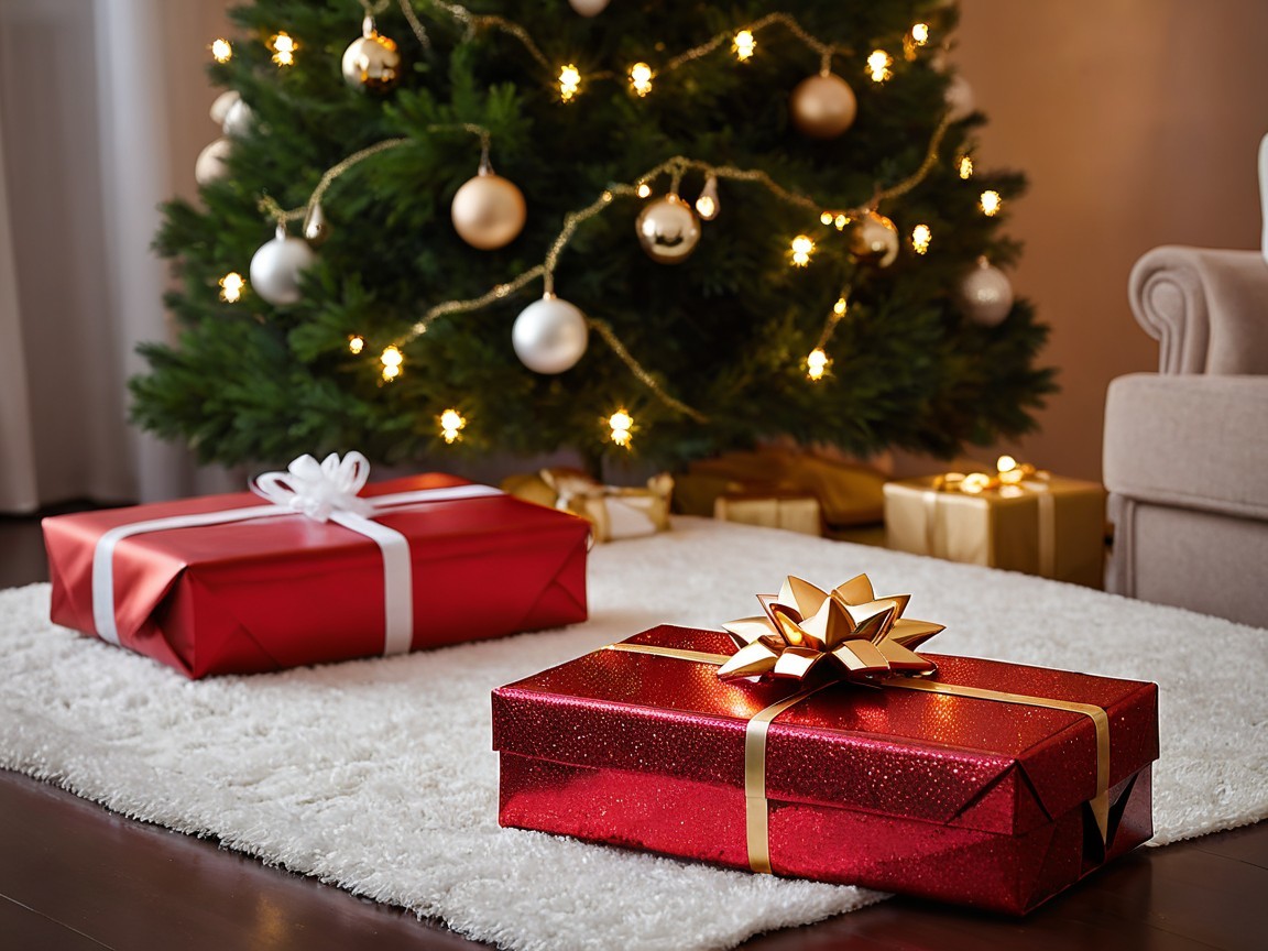 Cozy Holiday Scene with Red Gift Boxes and Tree