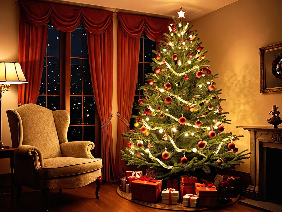 Cozy Christmas Room with Decorated Tree and Armchair