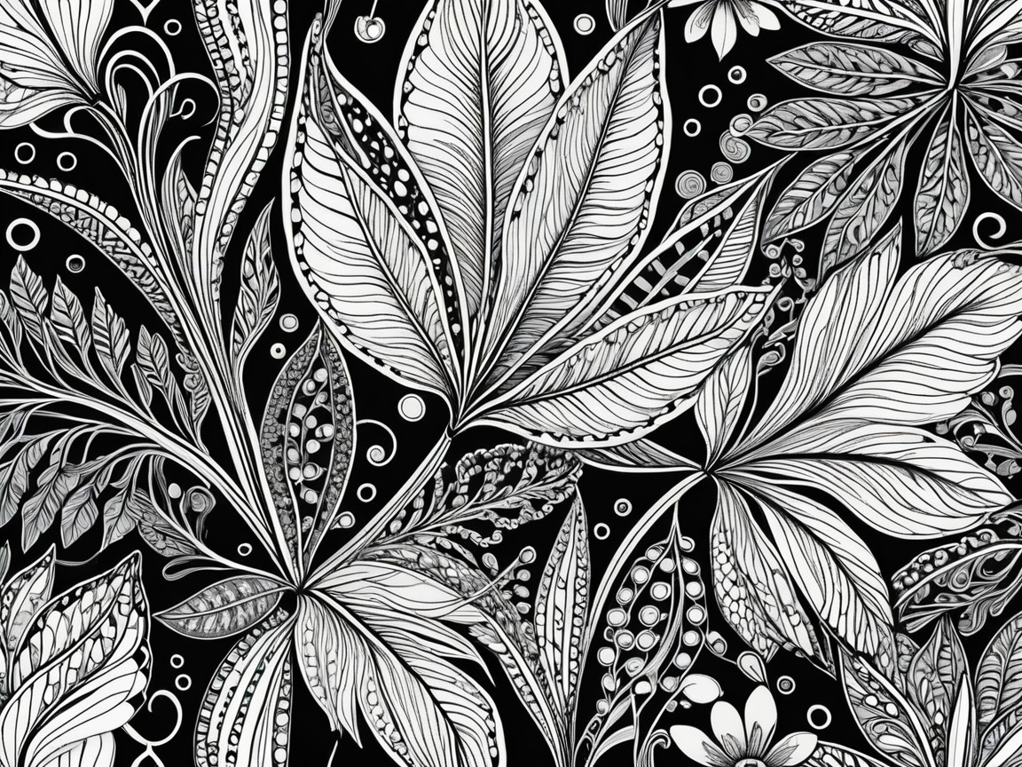 Intricate Black-and-White Floral and Leaf Illustration