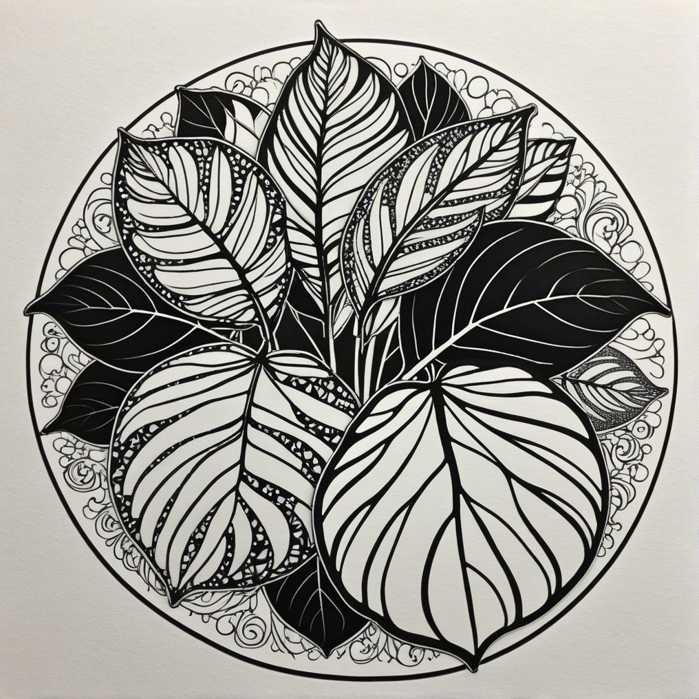 Intricate Black-and-White Leaf Illustration in Circle
