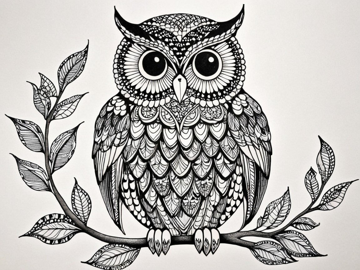 Black-and-white illustration of an owl on a branch