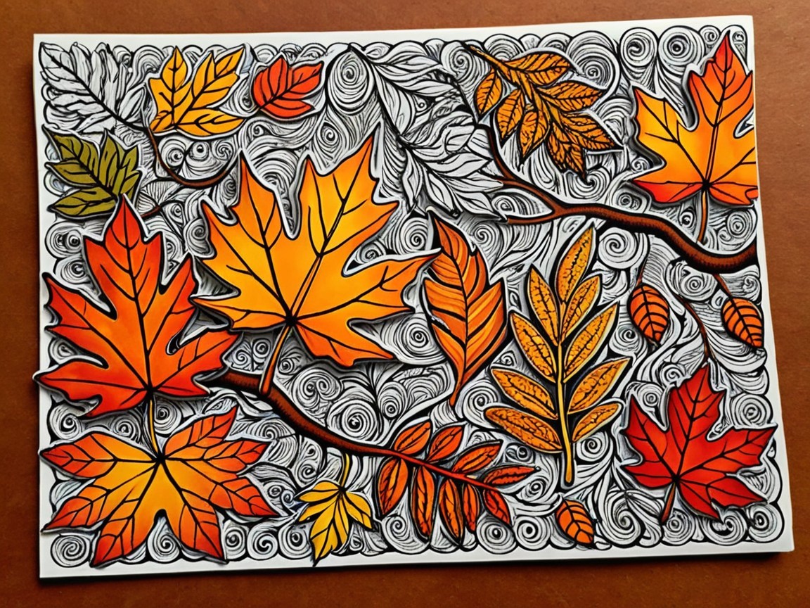 Autumn Leaves Design in Vibrant Colors on Black Background
