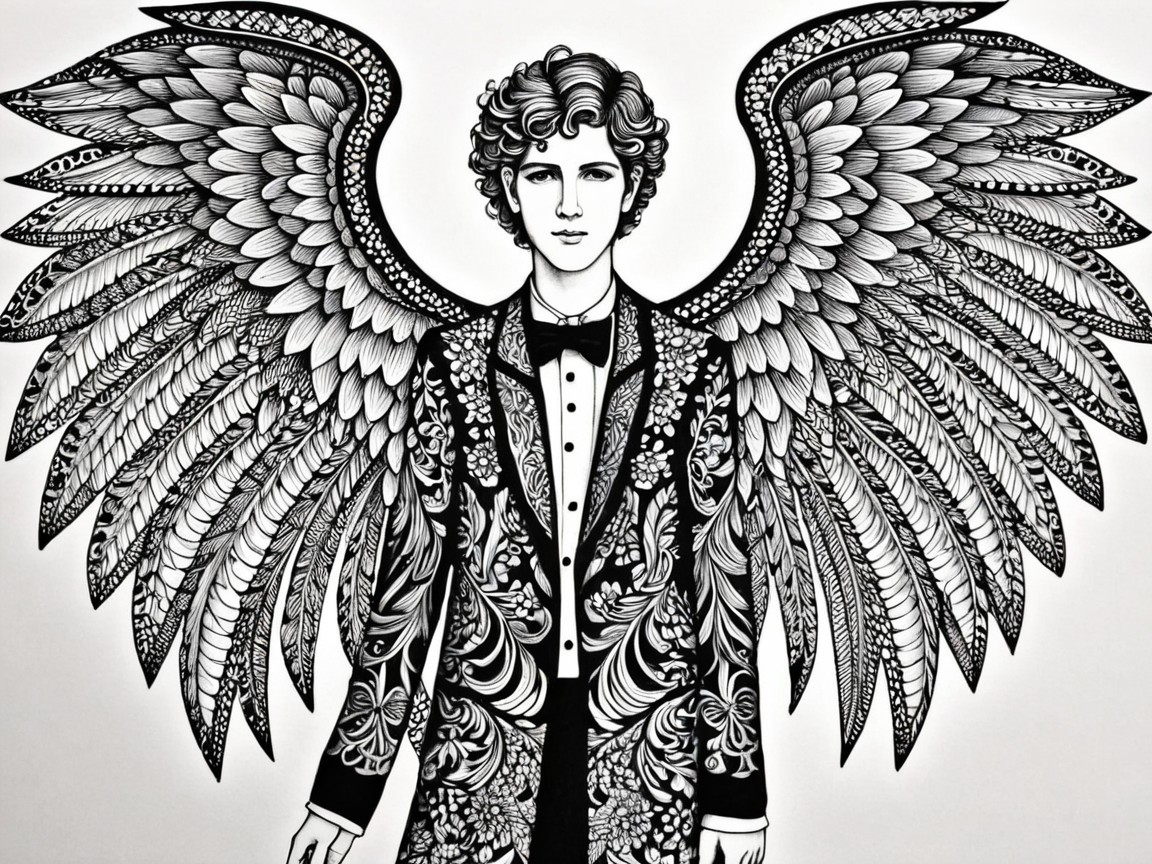 Black-and-white illustration of a young man with wings