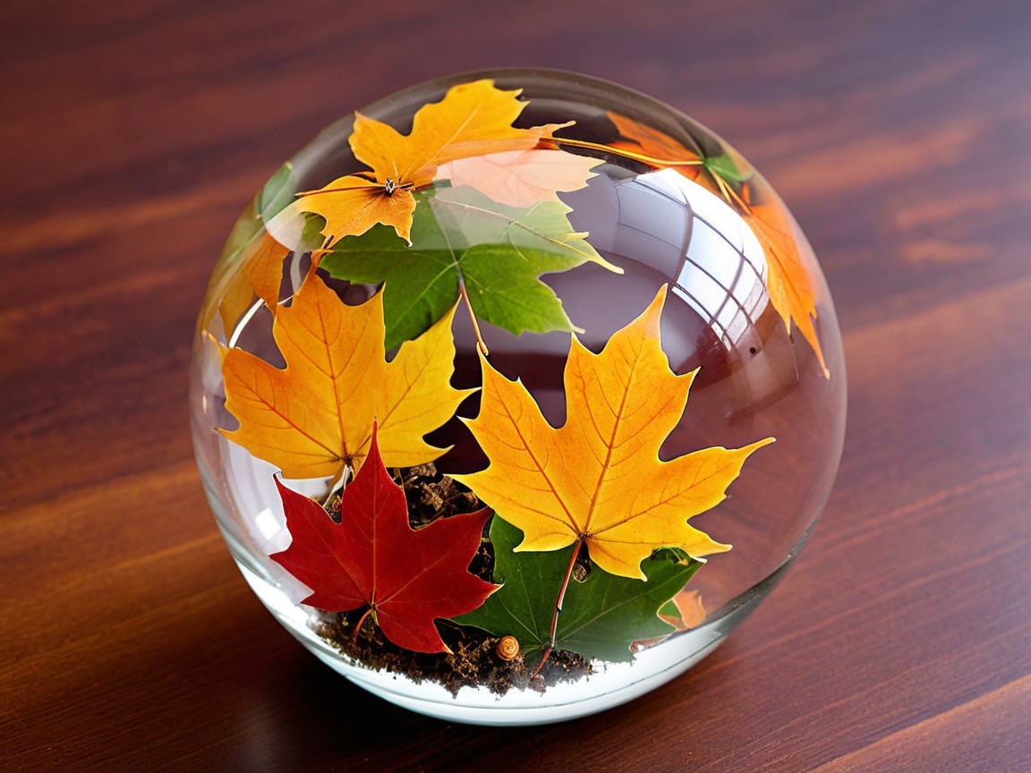 Transparent Glass Orb with Autumn Leaves Display