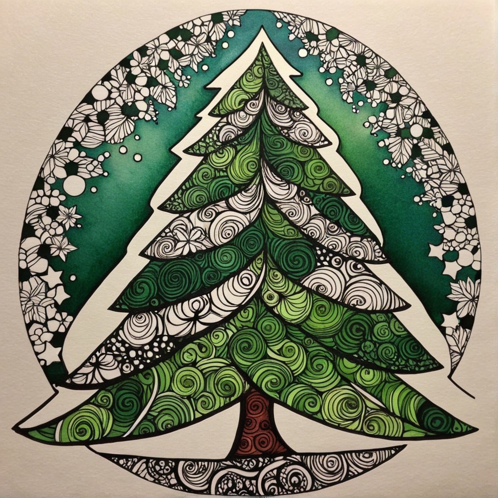 Stylized Christmas Tree with Floral Border Design