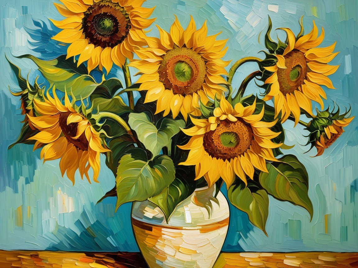 Vibrant Sunflowers in a White Vase on Blue Background