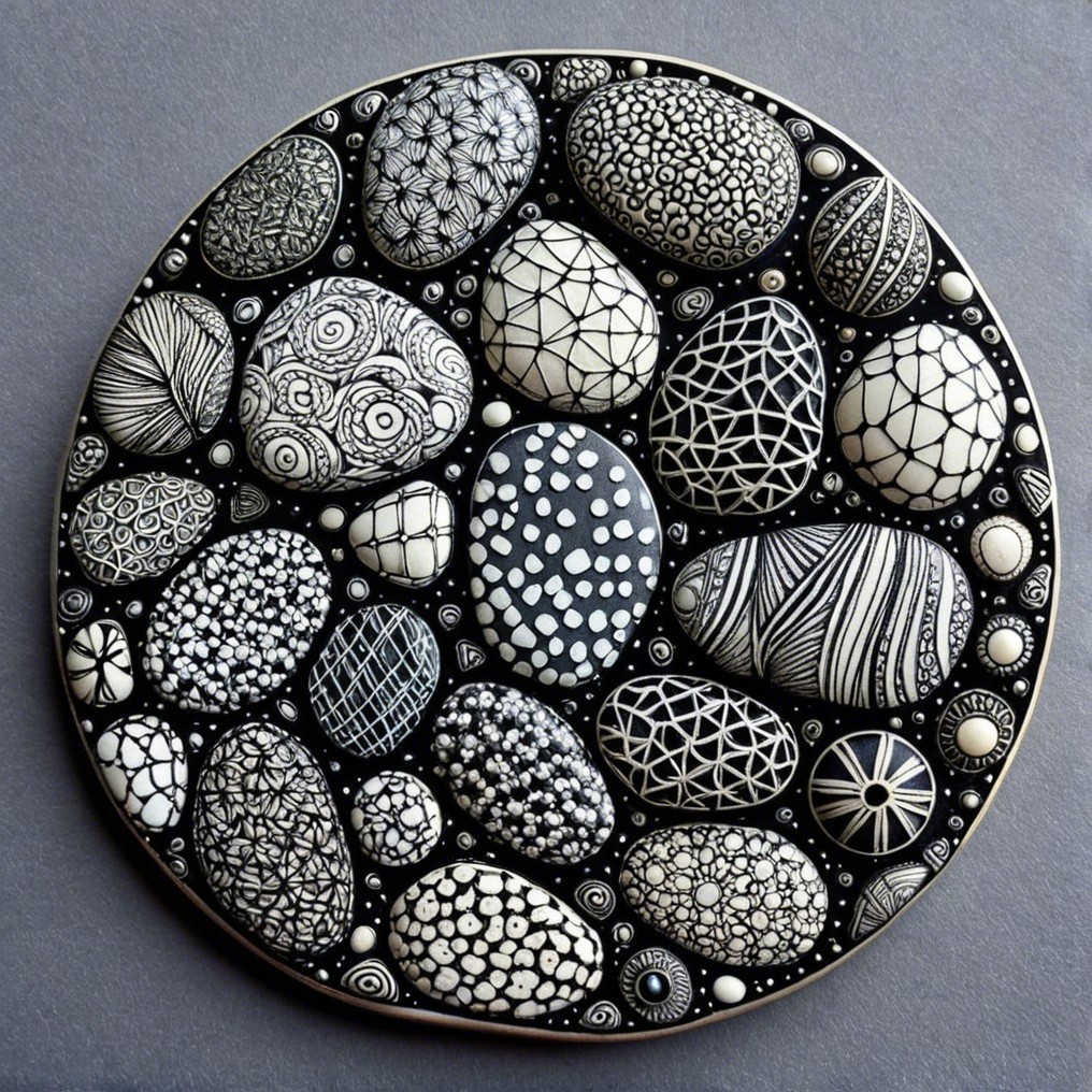 Circular Artwork of Black and White Decorative Pebbles