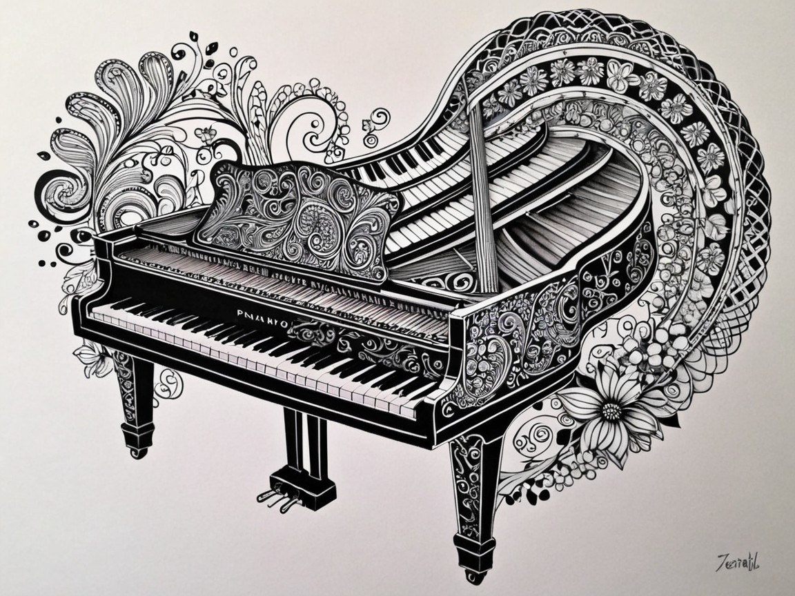 Detailed Black-and-White Illustration of a Grand Piano
