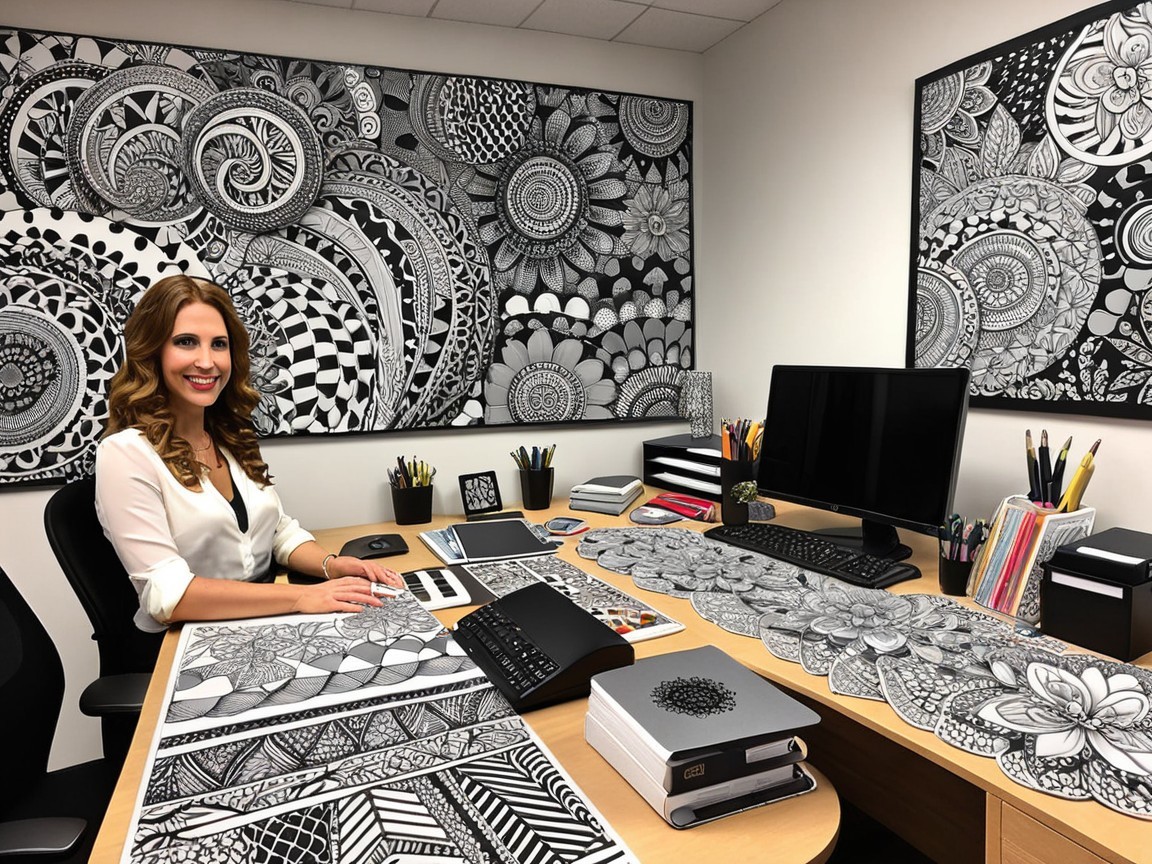 Creative Workspace with Black-and-White Patterns