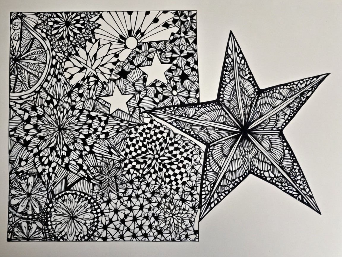 Intricate Black-and-White Illustration of Patterns and Shapes
