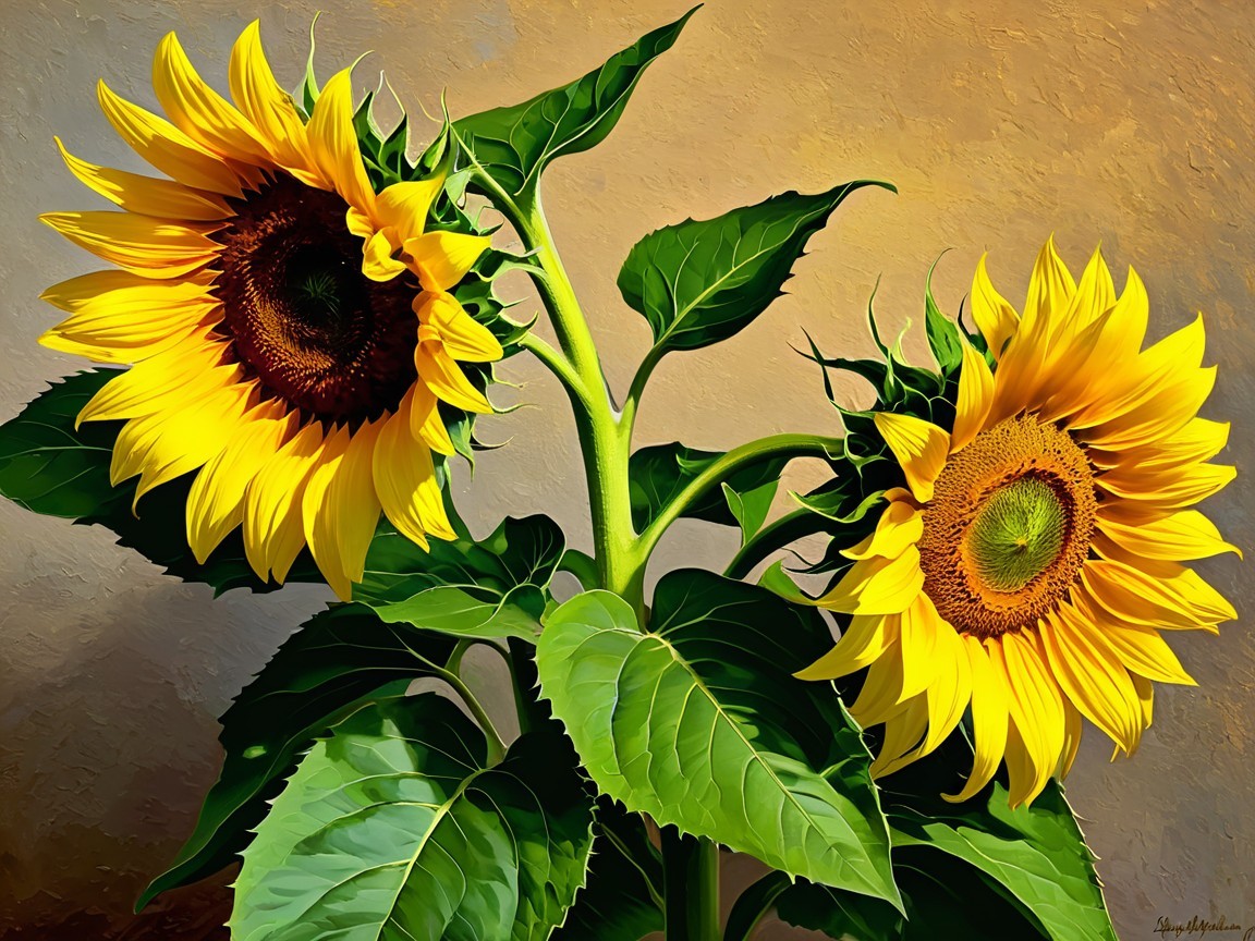 Vibrant Sunflowers with Bright Yellow Petals and Leaves