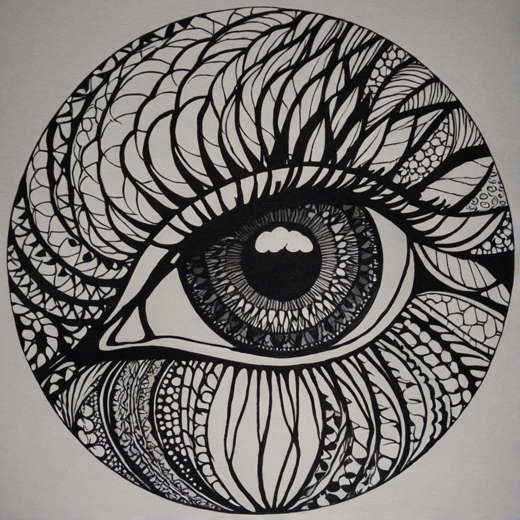 Intricate Black-and-White Eye Illustration in Circle