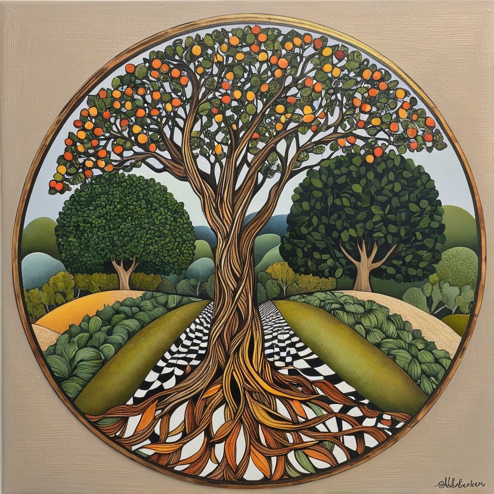Vibrant Round Painting of a Central Tree and Landscape