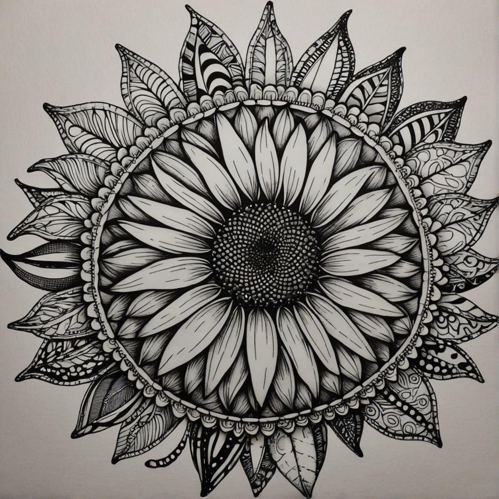 Intricate Black-and-White Sunflower Illustration