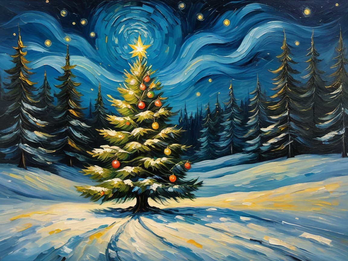 Winter Landscape with Christmas Tree and Snowy Scene