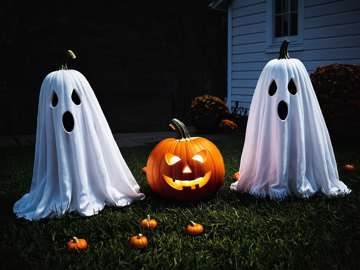 Playful Ghosts and Carved Pumpkin in Halloween Scene