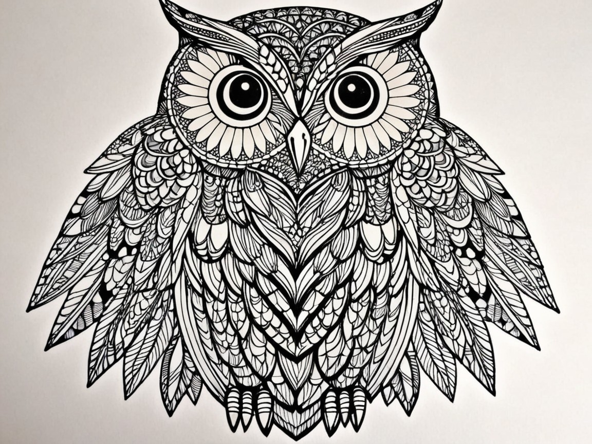 Intricate Black-and-White Owl Illustration Details