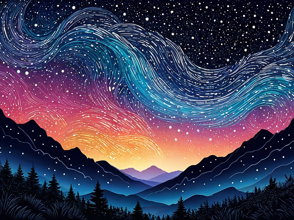Vibrant Night Sky with Stars and Mountain Silhouettes
