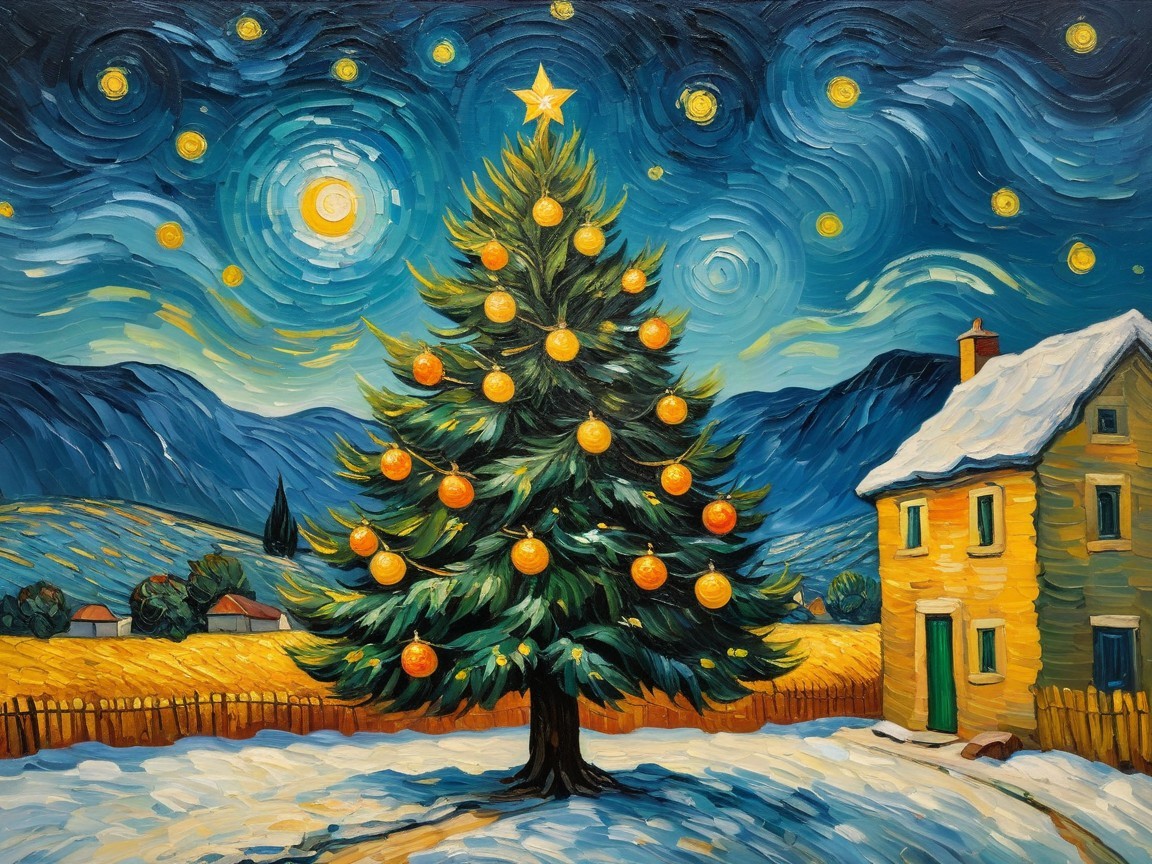 Vibrant Christmas Tree in Snowy Landscape at Night
