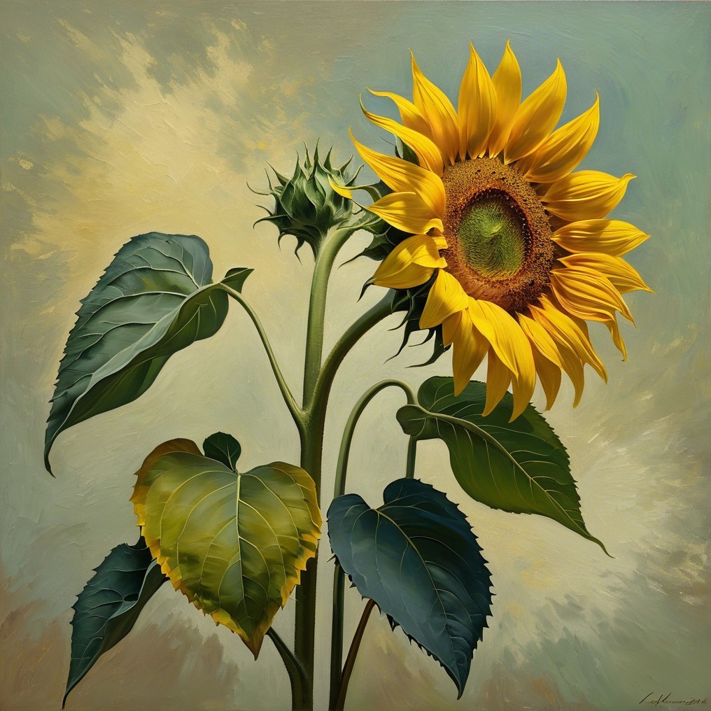 Vibrant Sunflower with Golden Petals and Green Leaves