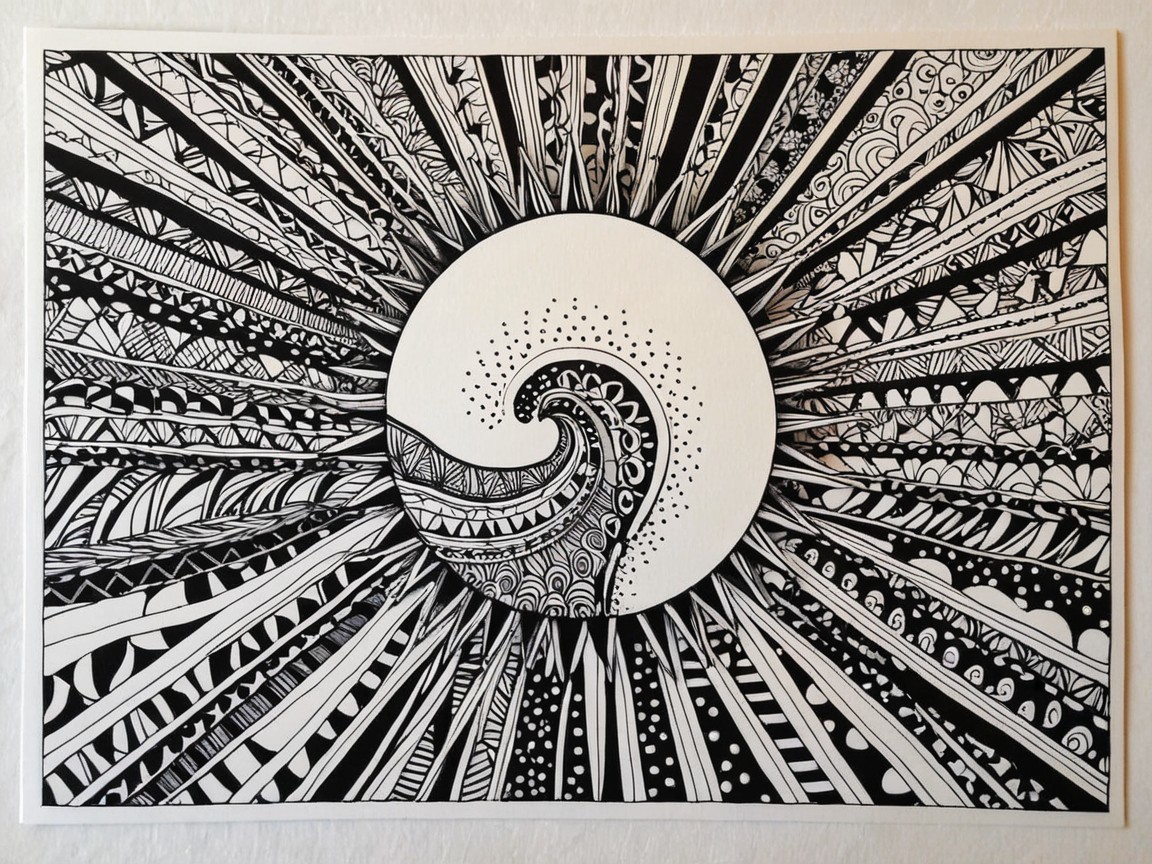 Black-and-white illustration of wave and sun design