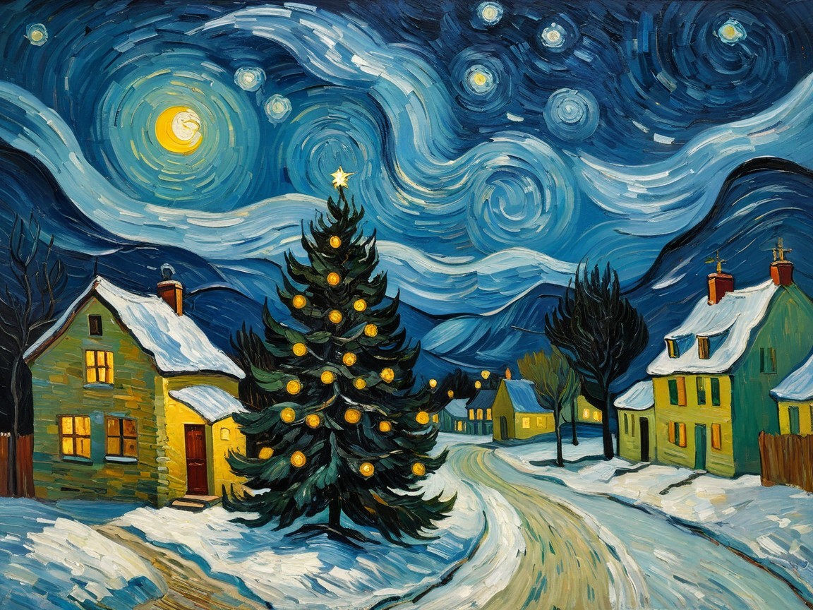 Christmas Village Scene in Starry Night Style