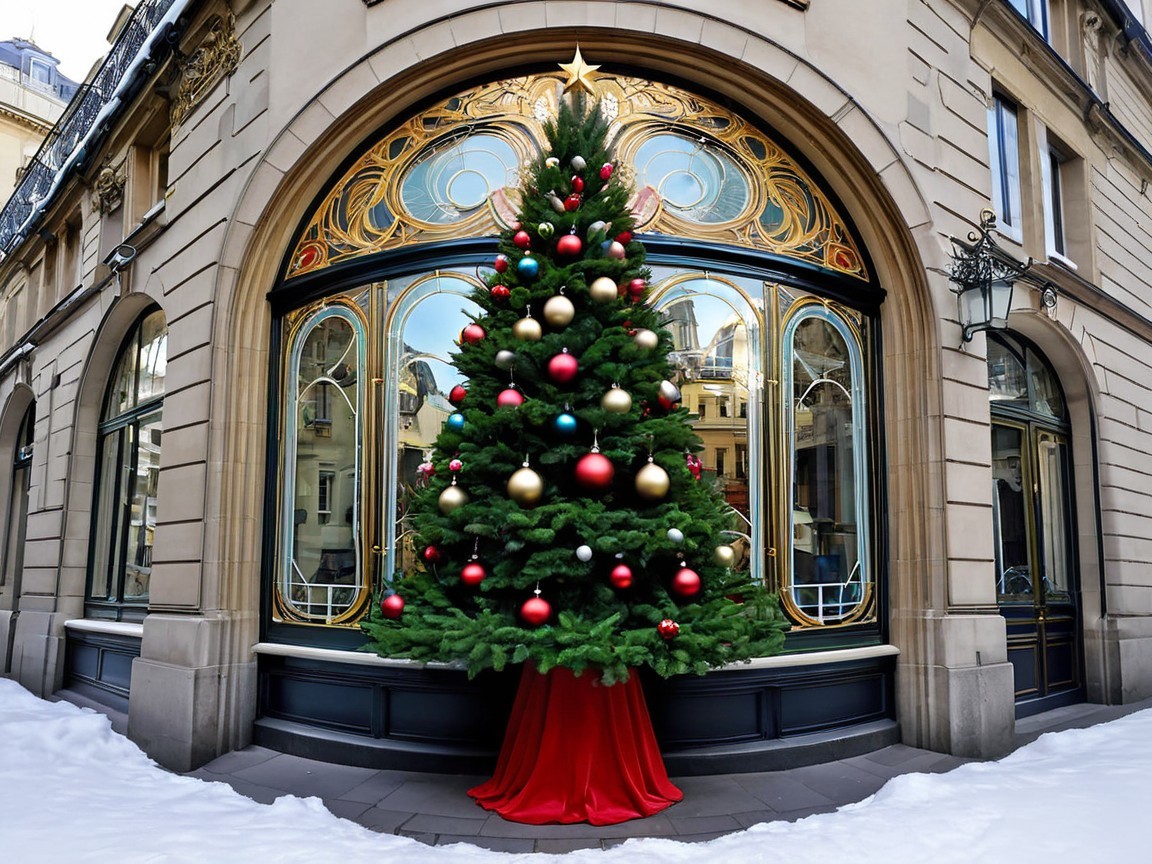 Christmas Tree Decorated with Red and Gold Ornaments
