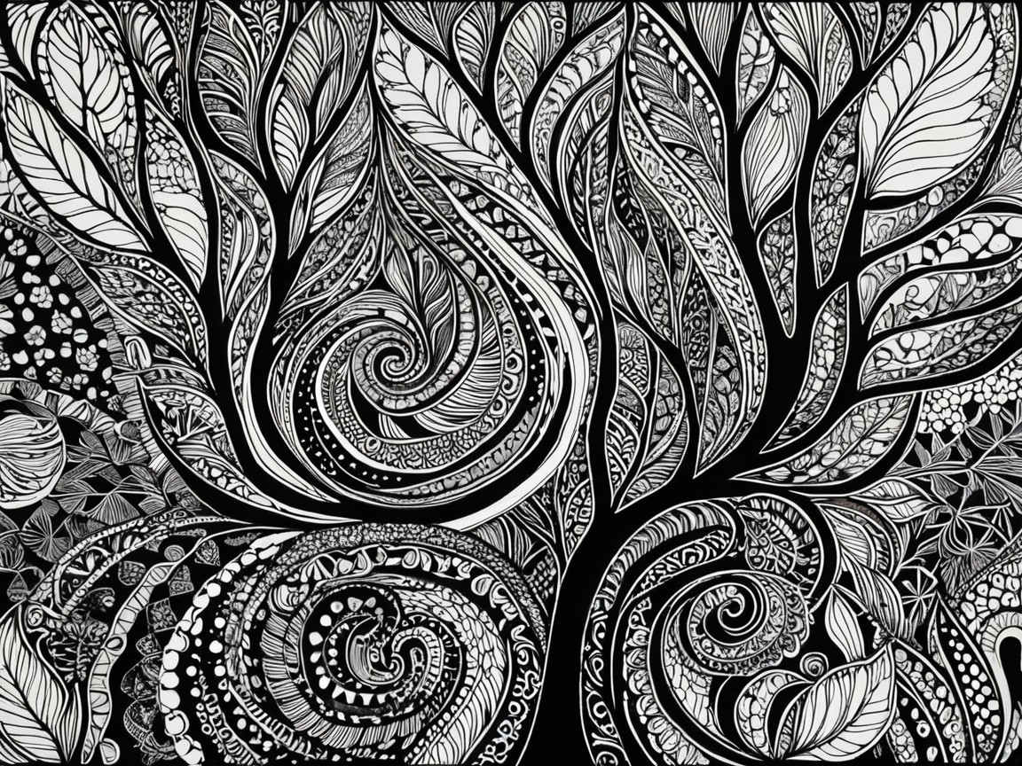 Intricate Black and White Drawing of a Stylized Tree