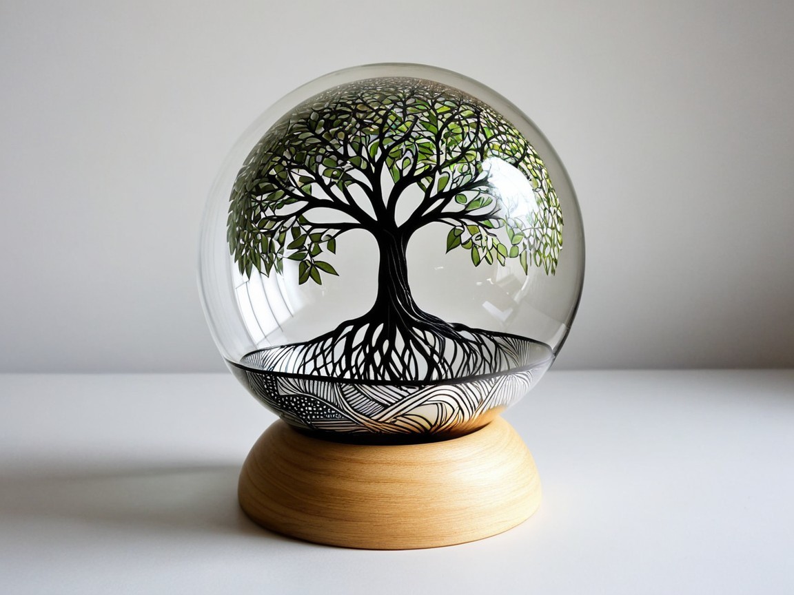 Glass Snow Globe with Stylized Tree and Wooden Base